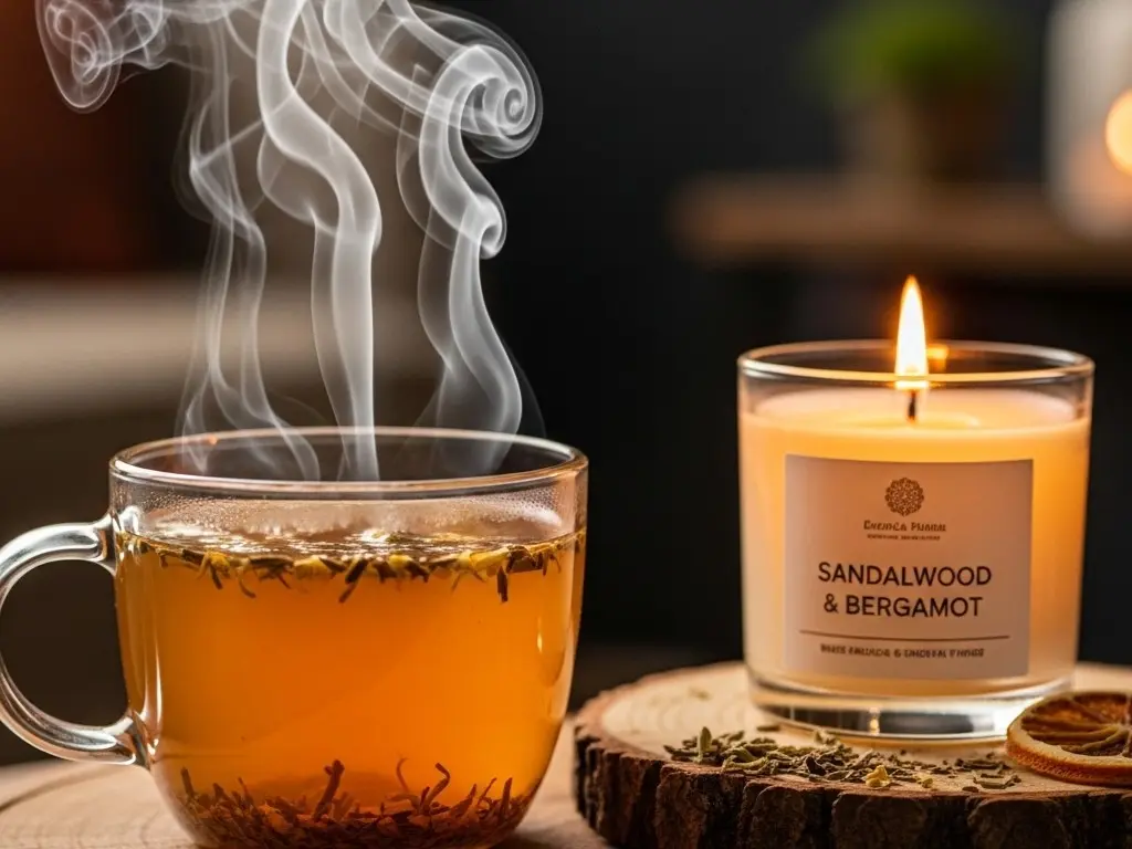 温かいハーブティーから立ち上る湯気と、お気に入りのアロマキャンドルの炎